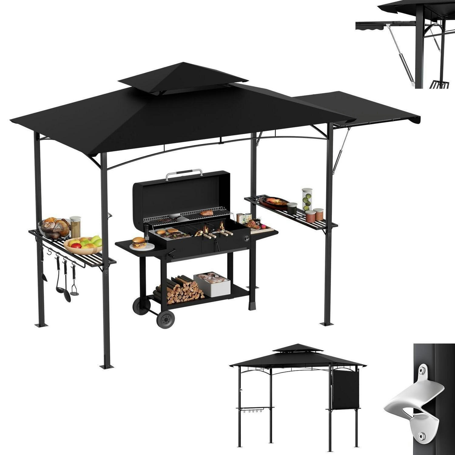 GRILLPAVILLON mit Seitenmarkise und Ablagen Schwarz - Schwarz, Metall (123/253/201cm)