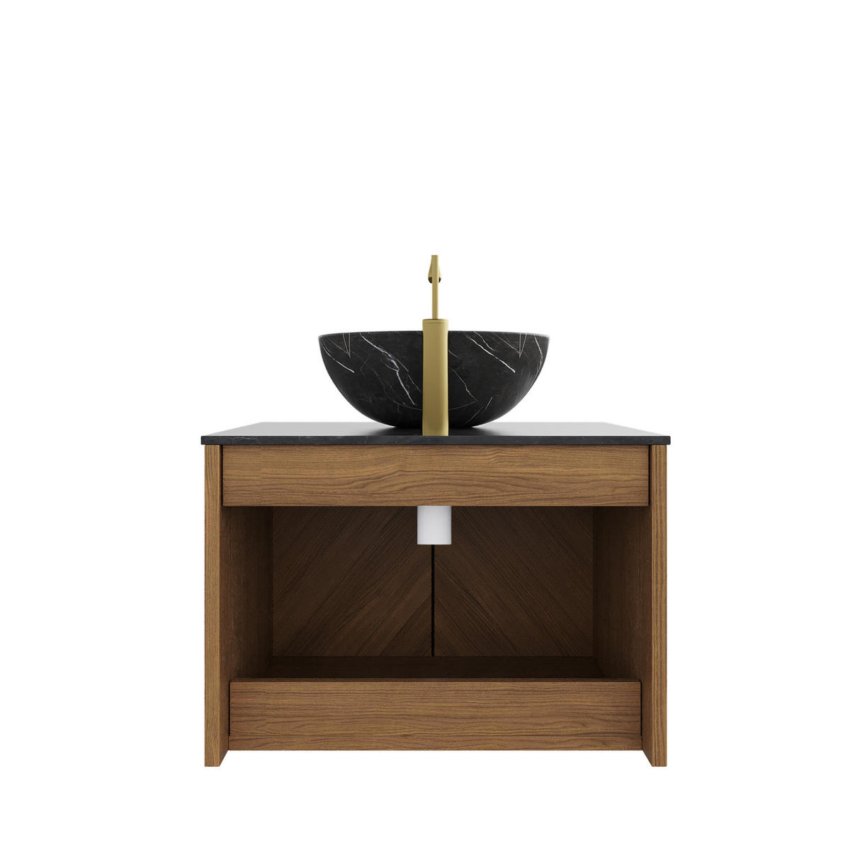 WANDMONTIERTER Badezimmer-Waschtisch aus Keramik und Sinterstein 76x50x55 cm, Schwarz/Braun Eiche, mit 2 Türen und Soft-Close-System - Schwarz, Keramik (76/55.1/50cm) - Modfu