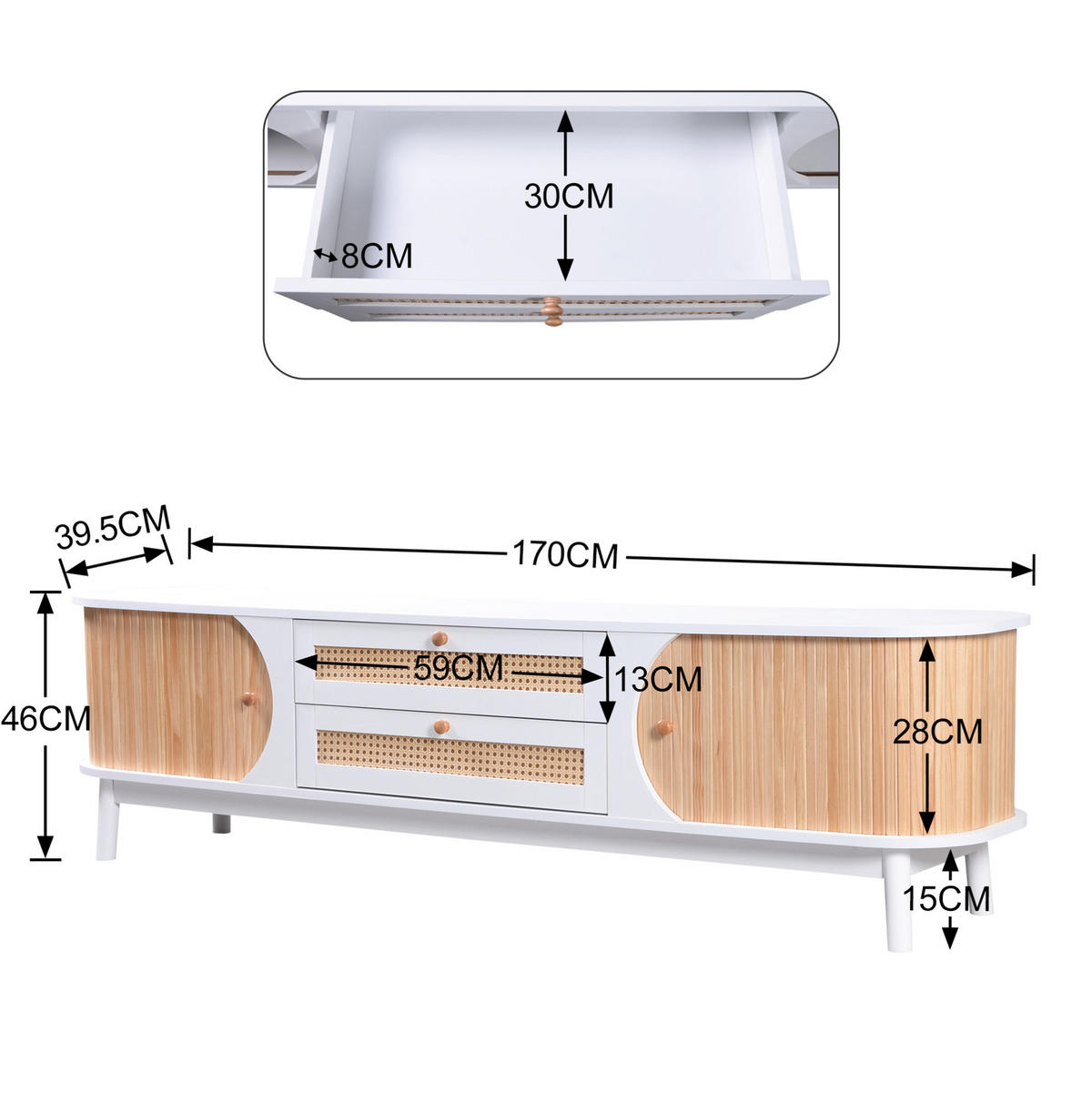 TV-LOWBOARD aus MDF 170x39,5x46 cm Weiß mit Rattan-Schubladen und Türen - Weiß, Holzwerkstoff (170/39.5/46cm) - IVMEU