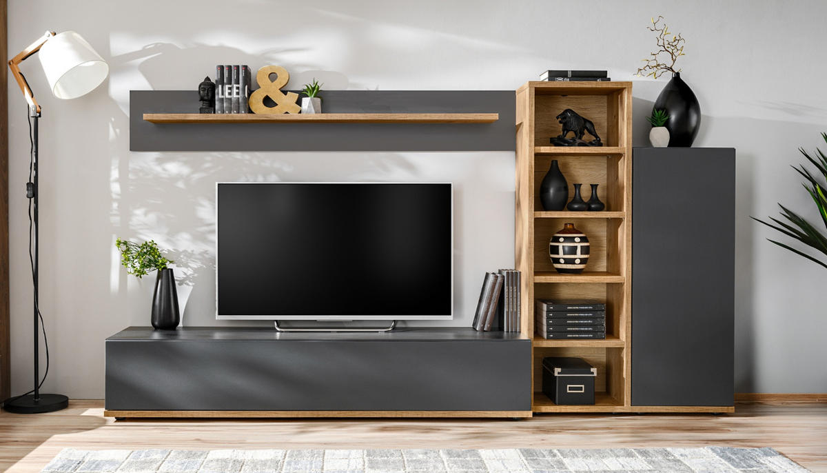 WOHNWAND grau, Wotan Eiche 240 cm, Schrankwand mit Push-to-Open - Eichefarben/Schwarz, Holzwerkstoff/Kunststoff (240/129/40cm) - Furn.Design