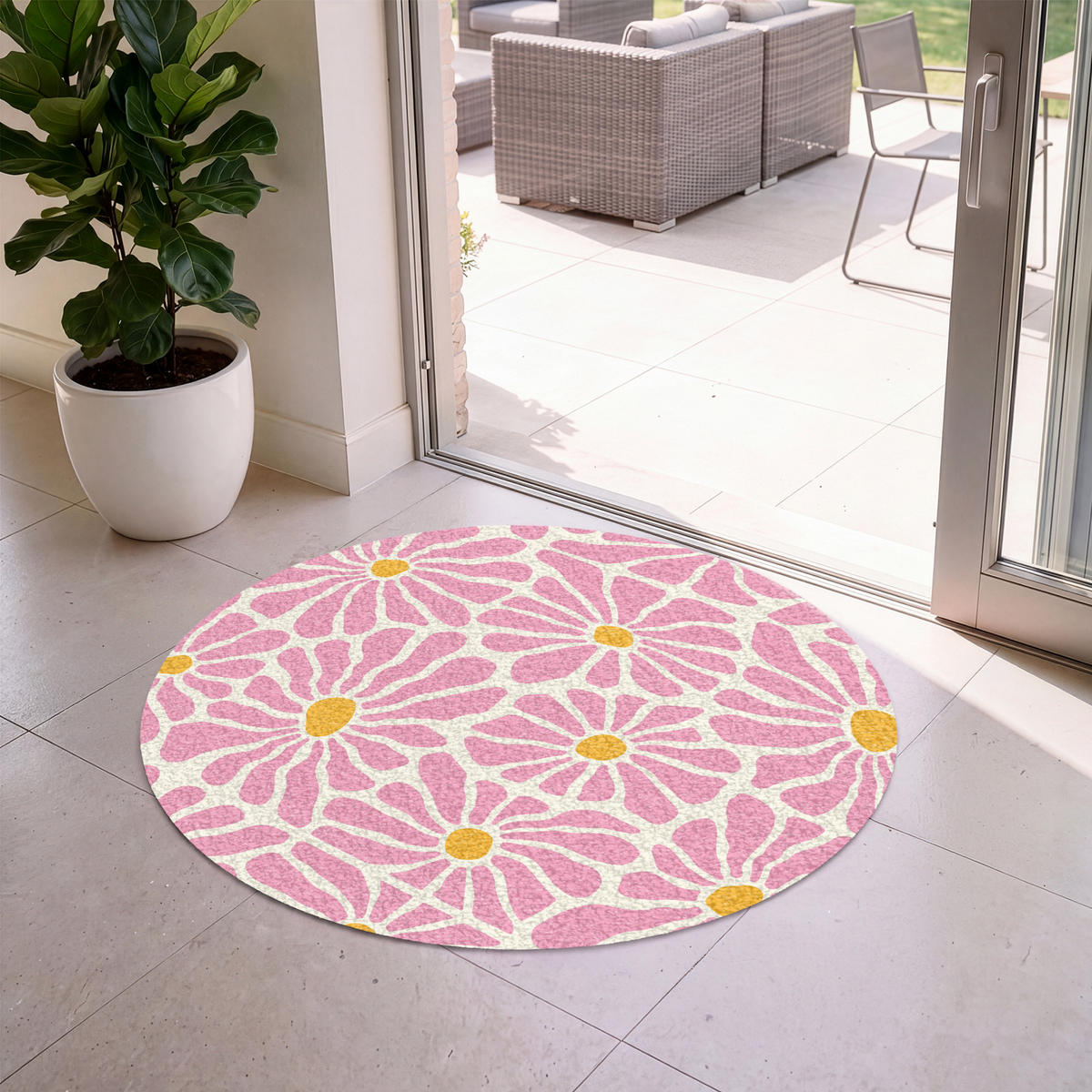 FUSSMATTE Blumen - Muster - Rosa - Beige - Orange Sauberlaufmatte 120x120 cm - Rosa, Kunststoff (120/120cm) - MuchoWow