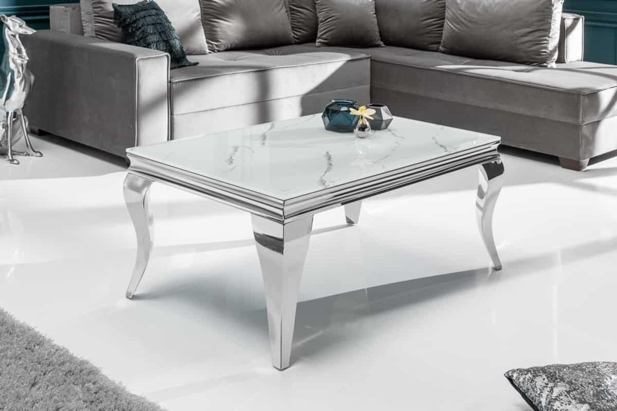 COUCHTISCH MODERN BAROCK Marmor rechteckig Grau|Silber|Weiß 100cm - Silberfarben/Weiß, Glas/Stein (60/100/45cm) - riess-ambiente