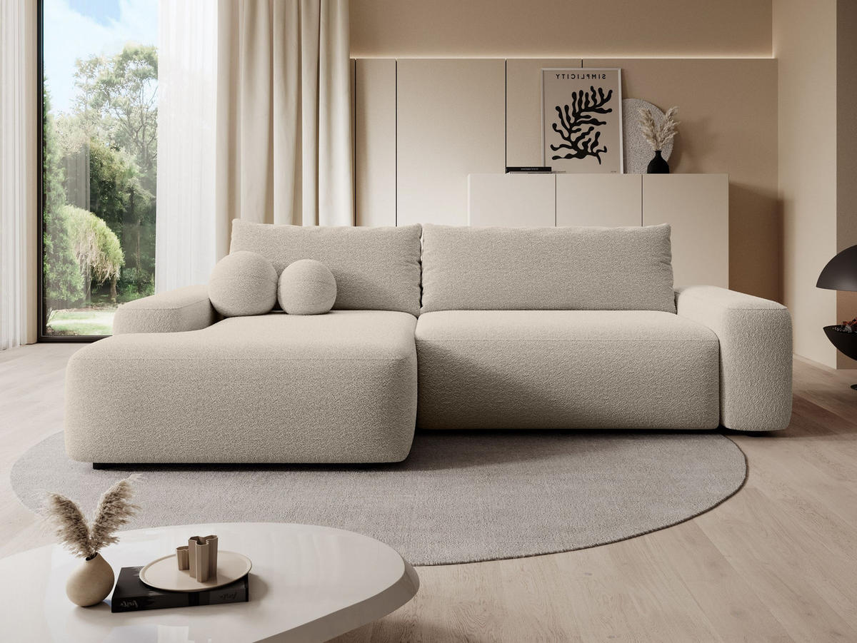 ECKSOFA RUOTA Beige Boucle-Stoff mit Schlaffunktion - Beige, Holz (264/162cm) - MASSENO