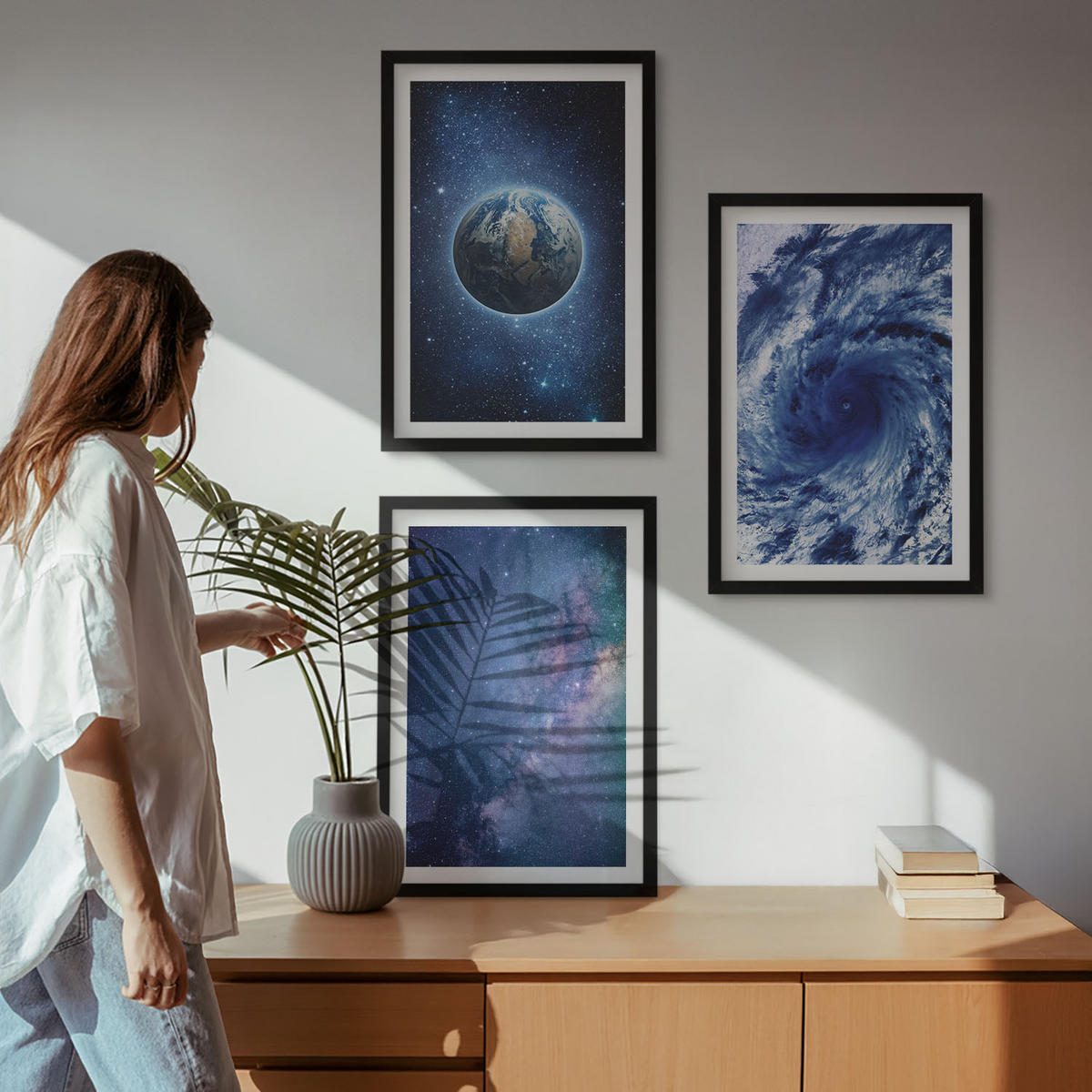 BILDER SET 3er Set - 40x60 cm Schwarzer Rahmen - Erde Weltraumsturm Galaxie - Schwarz, Kunststoff (40/60cm) - TULUP