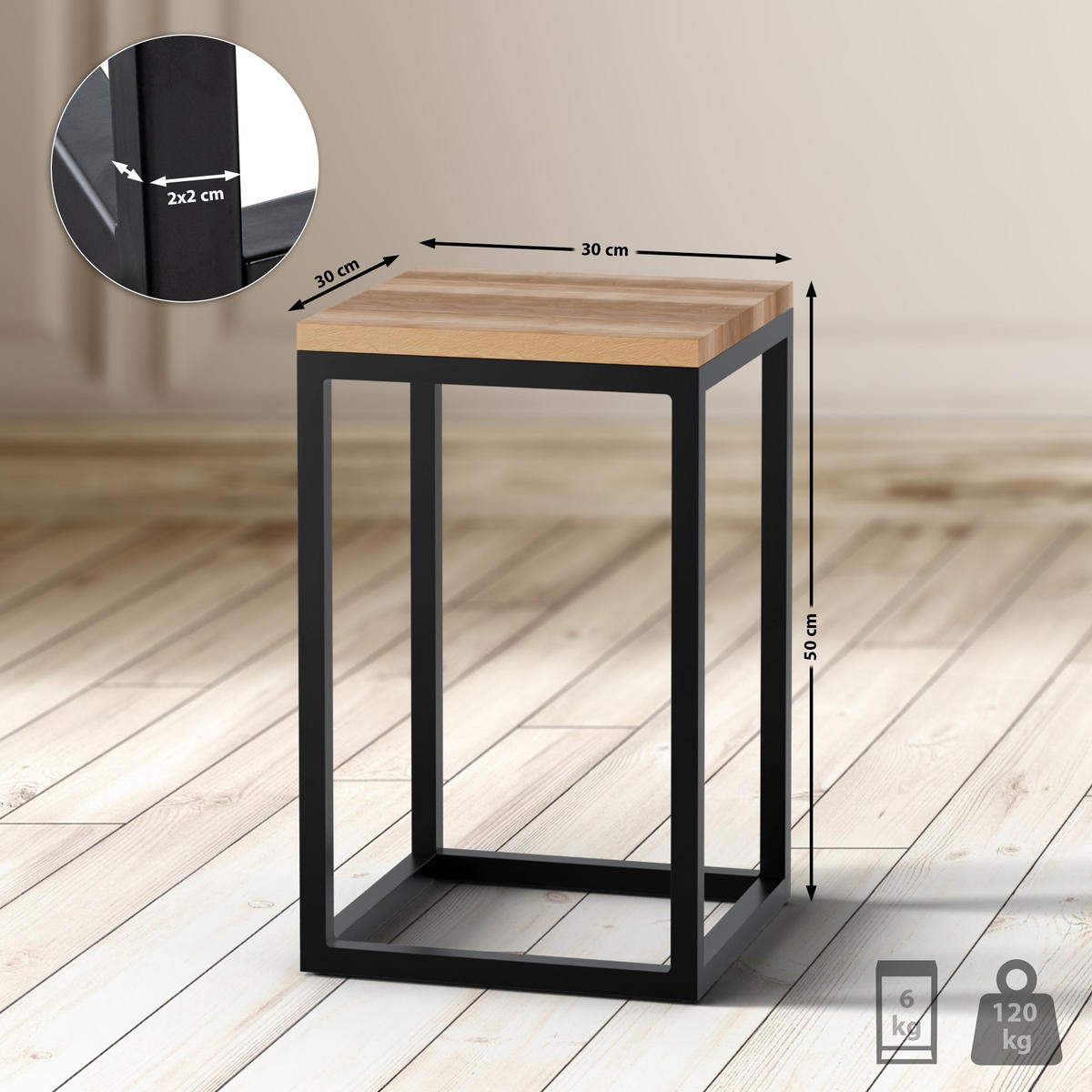 BEISTELLTISCH eckig 30/30/50 cm Holz Eiche - Eichefarben/Schwarz, Holz/Metall (30/30/50cm) - CLP