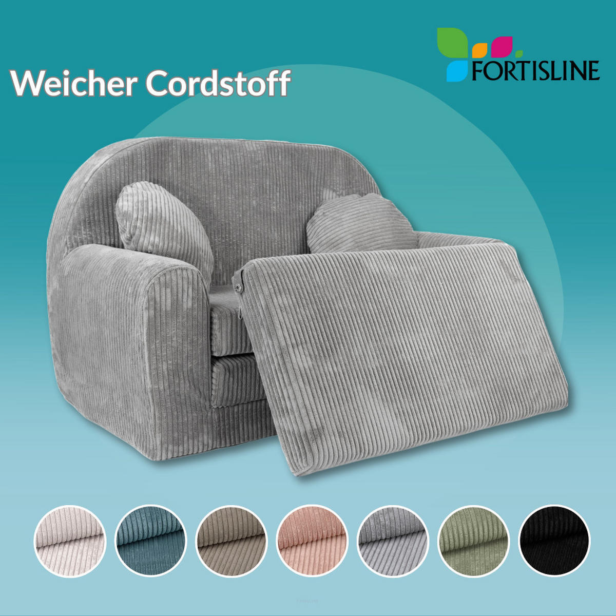 KINDERSOFA MIT VERLÄNGERUNG aus Kuschel-Cord in Türkis - Türkis, Textil (100/60/50cm) - Fortisline