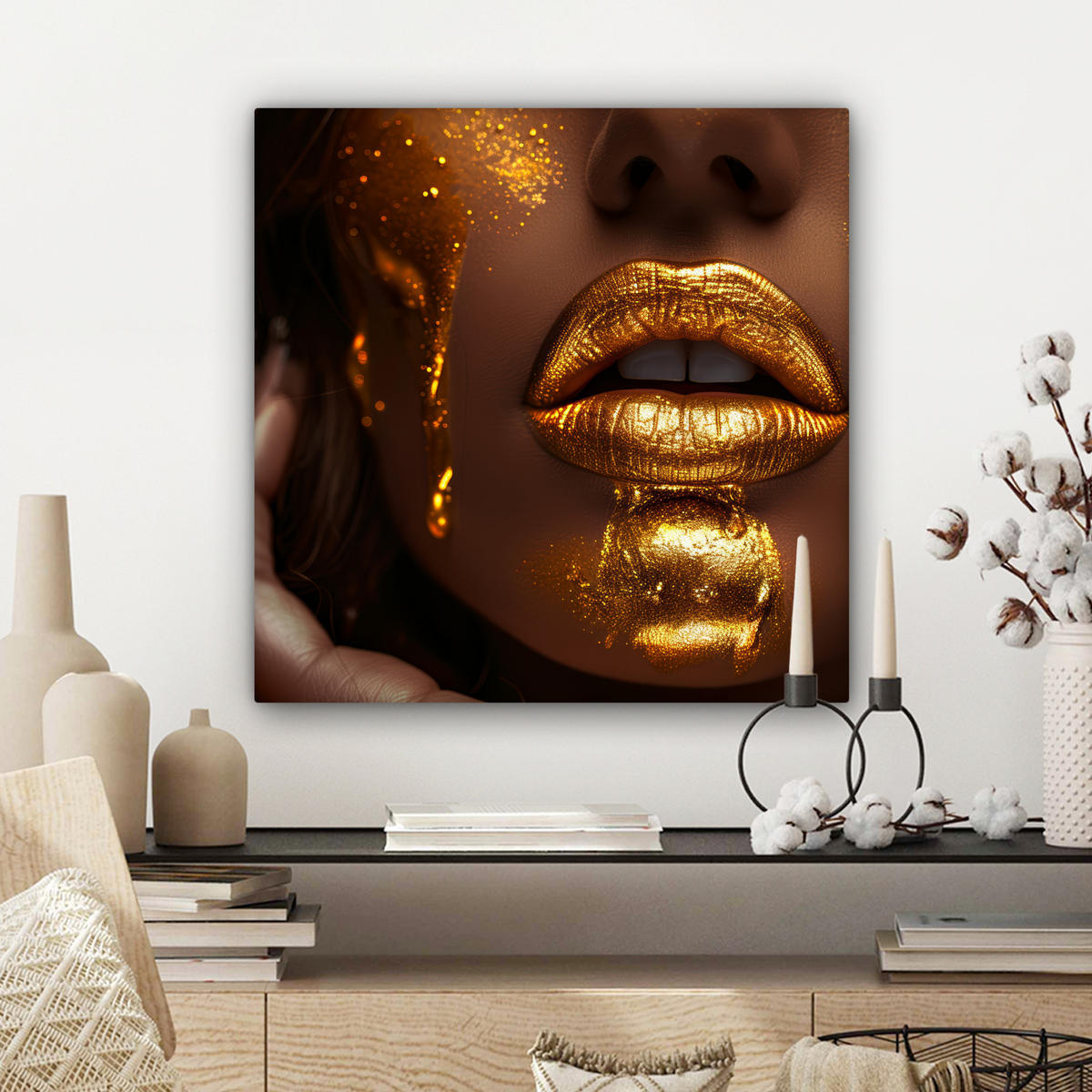 LEINWANDBILD Frau - Gold - Luxus - Porträt Wandbild Wohnzimmer 50x50 cm - Goldfarben, Textil (50/50cm) - MuchoWow