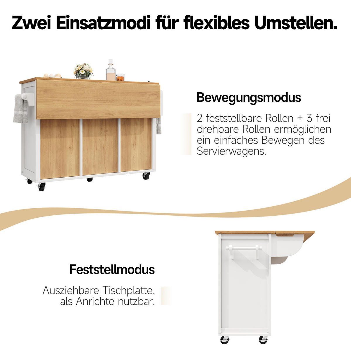 KÜCHENINSEL 137,9/73/92,5 cm in Weiß mit Klapptisch und Rollen - Weiß, Holzwerkstoff (137.9/92.5/73cm) - Flora Grace