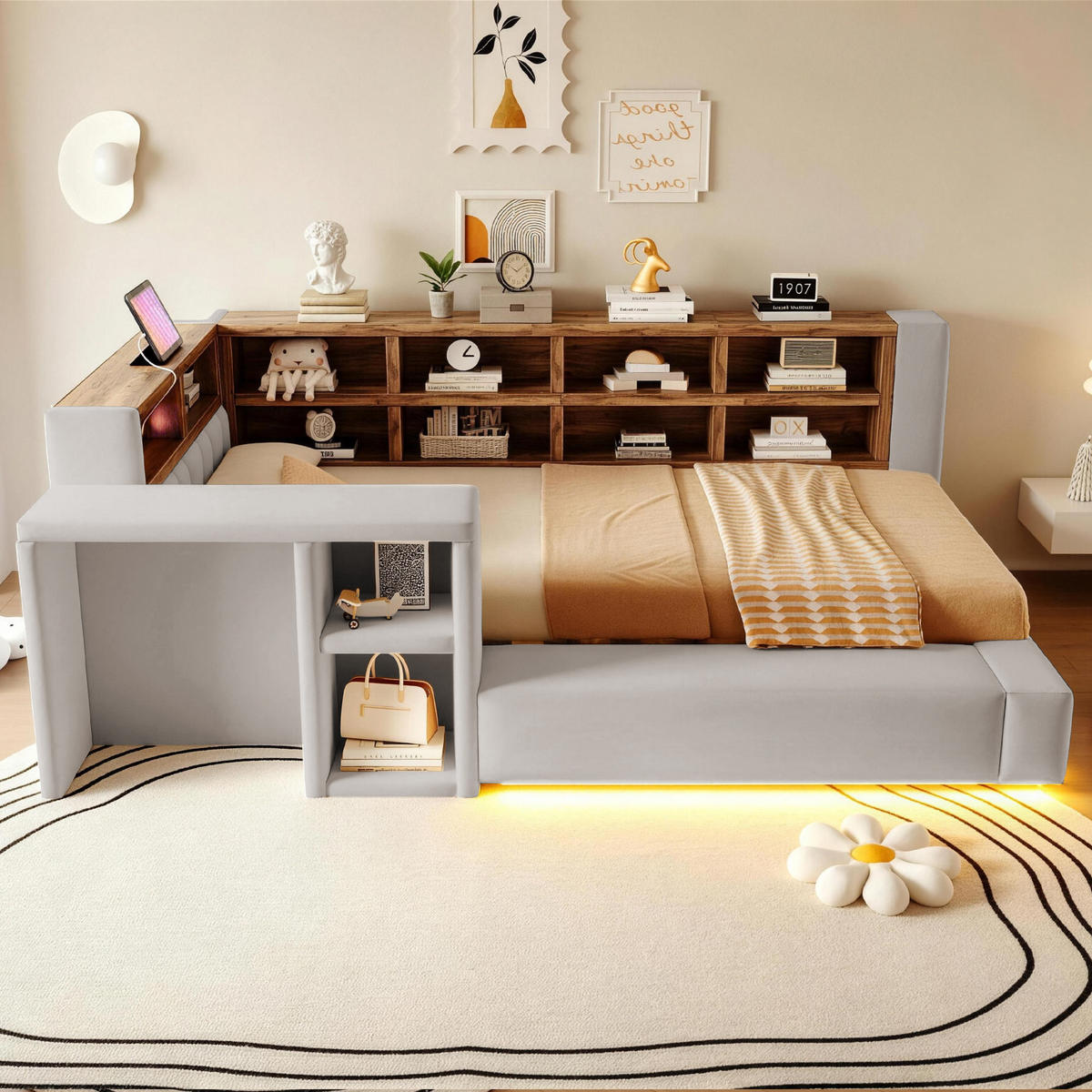 POLSTERBETT 90/200 cm in Hellgrau mit Stauraum, LED, Steckdosen, Beistelltisch und gepolstertem Kopfteil aus Samtstoff - Grau, Holzwerkstoff/Textil (90/200cm) - STILVORA