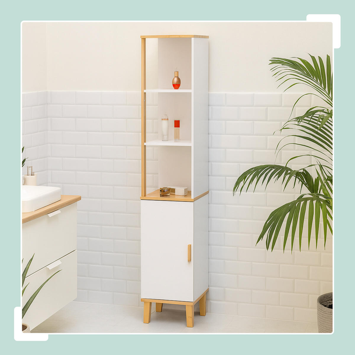 KÚPEĽŇOVÝ skrinka - biela, drevo/kompozitné drevo (33/169/31cm) - Relaxdays