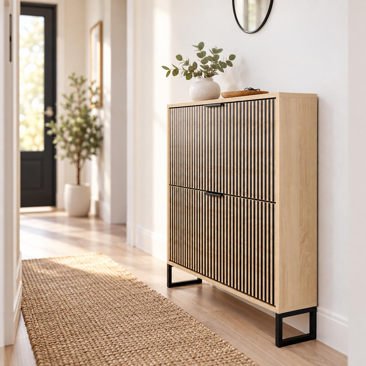 BOTNÍK prírodná čierna 2-výklopný MDF - svetlohnedá, kov/kompozitné drevo (80/96/24cm) - Relaxdays