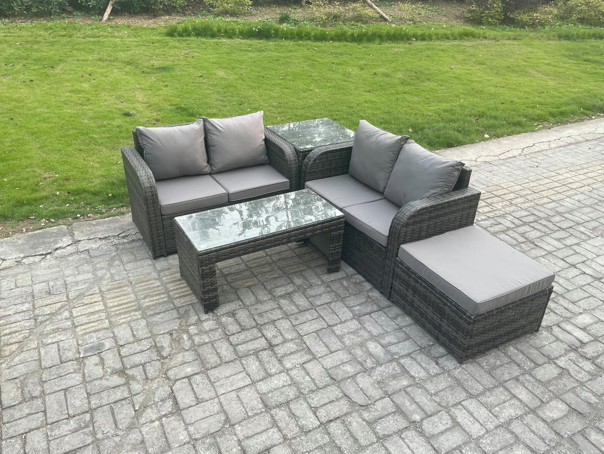 GARTENSOFA SET mit HOCKER COUCHTISCH Polyrattan 5-Sitzer - Dunkelgrau/Grau, Glas/Kunststoff - Fimous