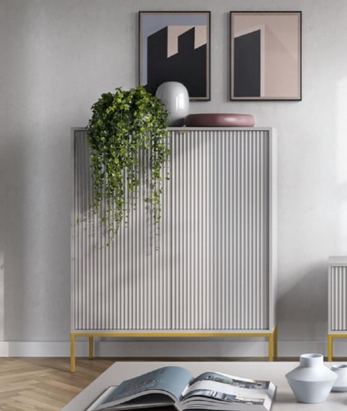 KOMMODE Grau K104 Geriffelt Goldfarben - Grau, Holzwerkstoff (104/125/39cm) - Sepro Meble