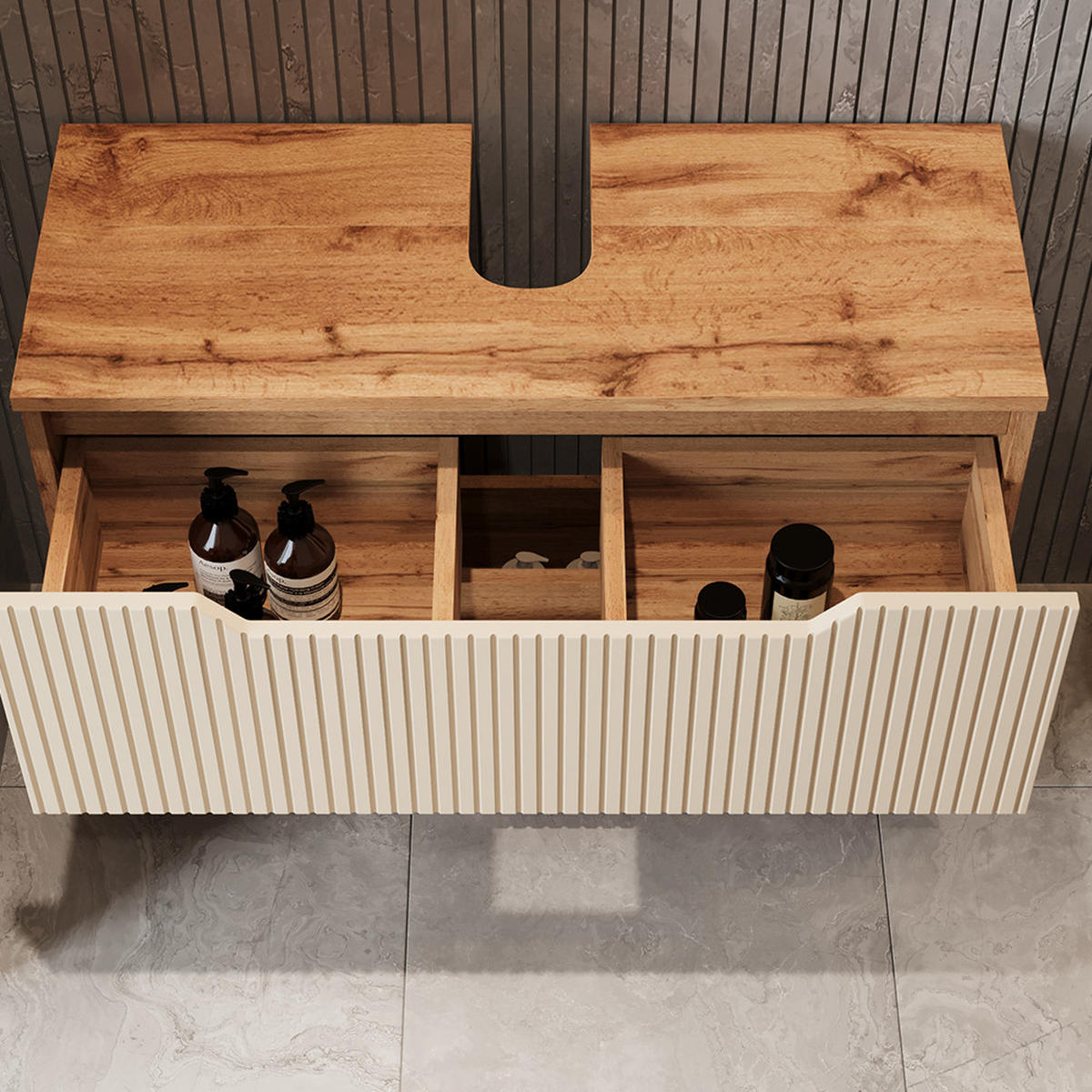 BADMÖBEL-SET Lotta Eiche/Kaschmir gestreift 4 Teile - Kaschmir/Eichefarben, Holzwerkstoff (79.6/62.5/32cm) - Vicco