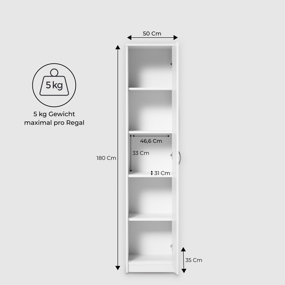 MEHRZWECKSCHRANK mit 4 Einlegeböden 50 cm Breite in weiß - Weiß, Holzwerkstoff (50/180/35cm) - Home Collective