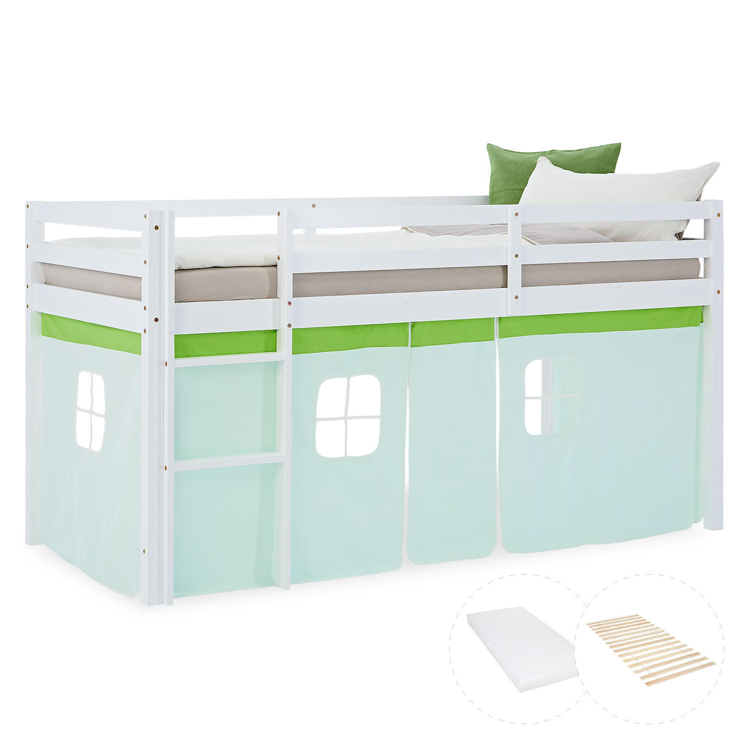 Homestyle4u Hochbett Grün, Weiß 90x200 cm