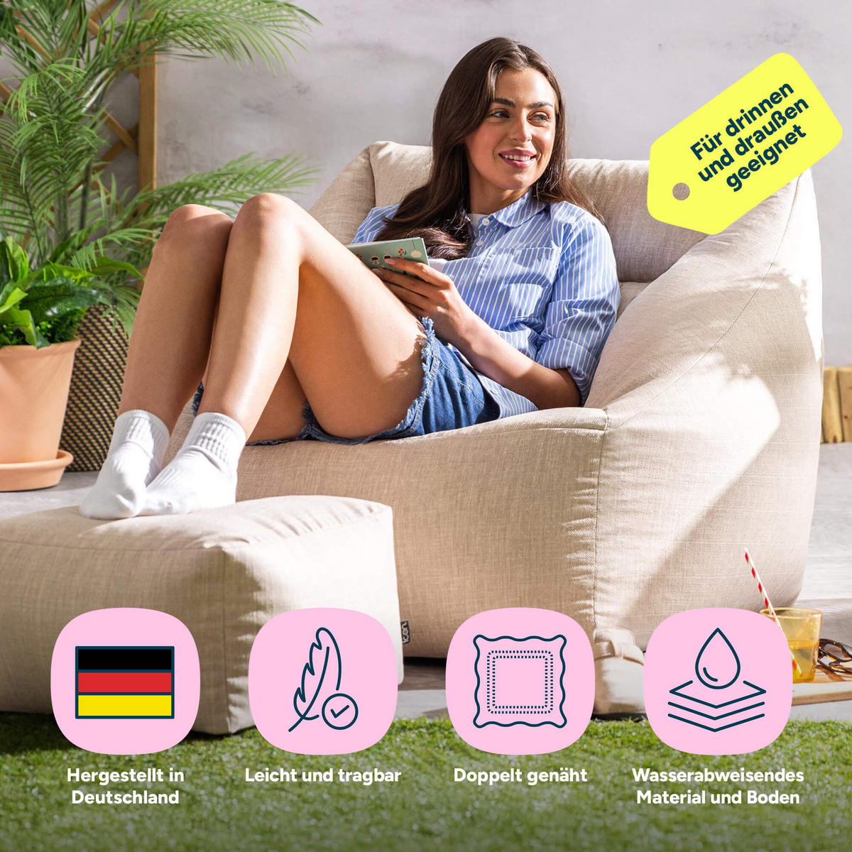 SITZSACK Sessel Outdoor mit Hocker Natalia - Beige, Textil (97/73/84cm) - icon