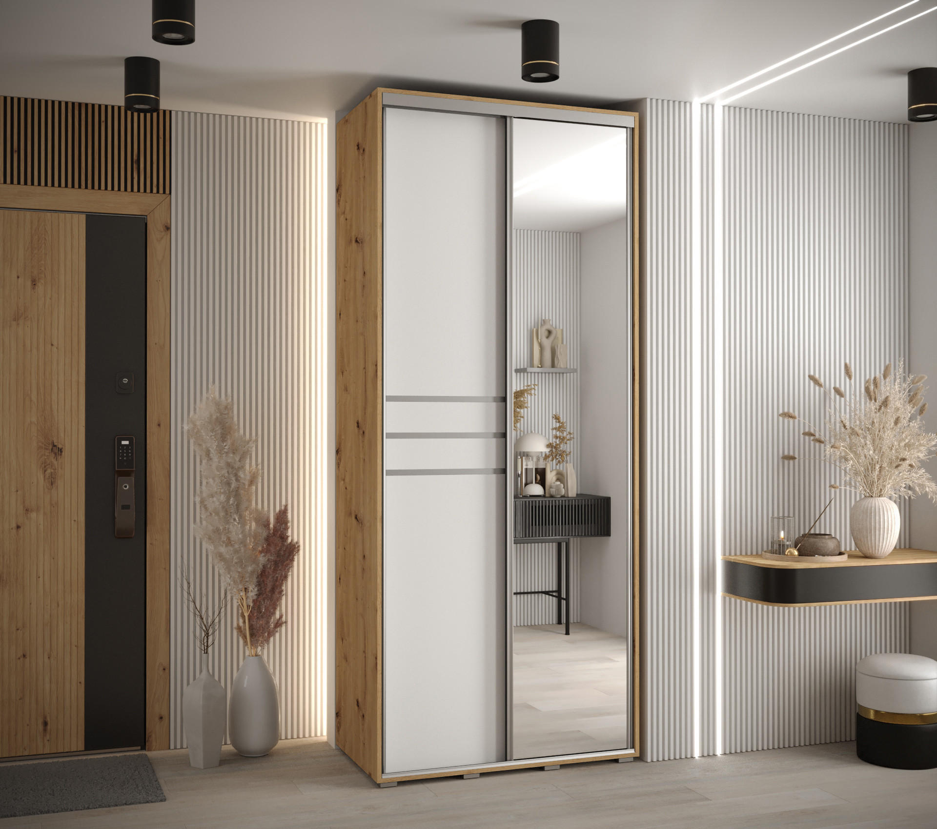 Thumbnail - Abiks Möbel Schwebetürenschrank, Eiche Artisan, Weiß, Silber, Metall, Nachbildung, 6 Fächer, 110x235x60 cm, Schlafzimmer...