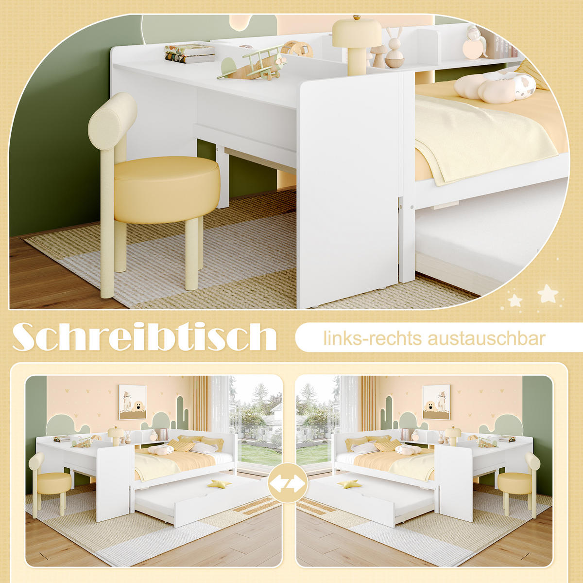 BETT 140/200 cm mit Schreibtisch, Rollbett und Regalen aus Kiefern und Spanplatte, Weiß - Weiß, Holzwerkstoff (140/200cm) - Redom