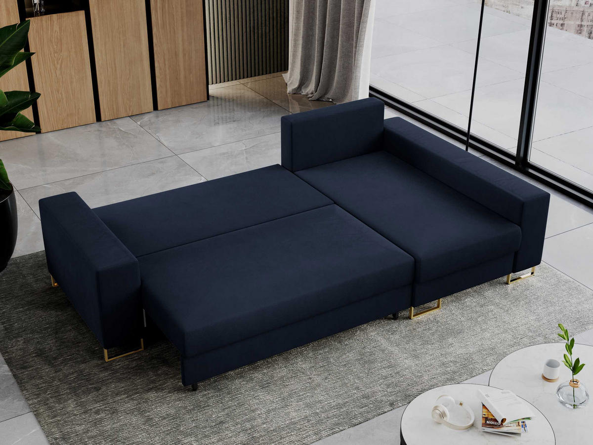 ECKSOFA Dorian Velvet Dunkelblau - Goldfarben/Dunkelblau, Textil/Metall (242/138cm) - MKS