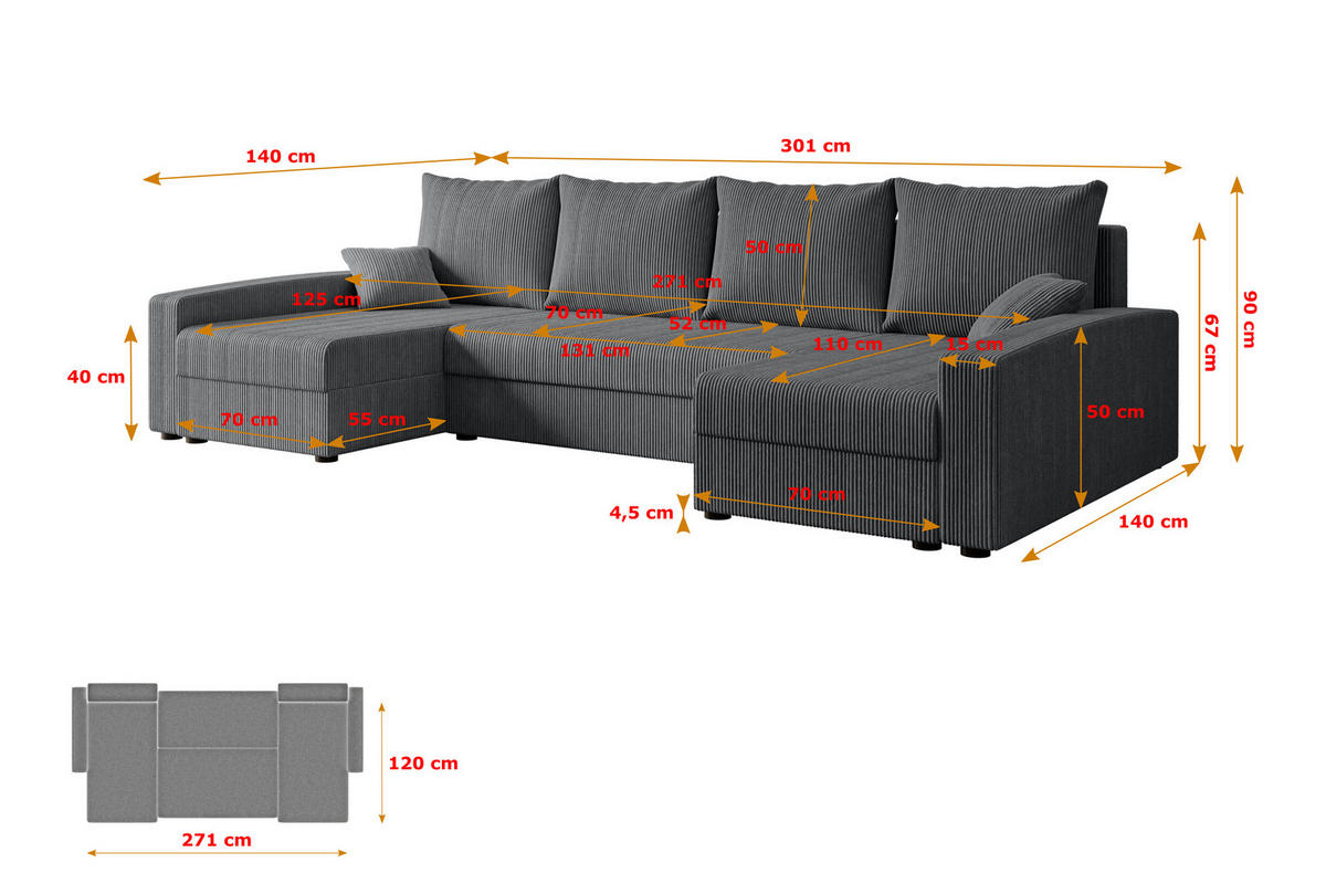 WOHNLANDSCHAFT mit Schlaffunktion und Bettkasten ALESIA-U 301x140x90 cm Grau Cord - Dunkelgrau/Silberfarben, Holzwerkstoff/Kunststoff (301/90/140cm) - ALTDECOR
