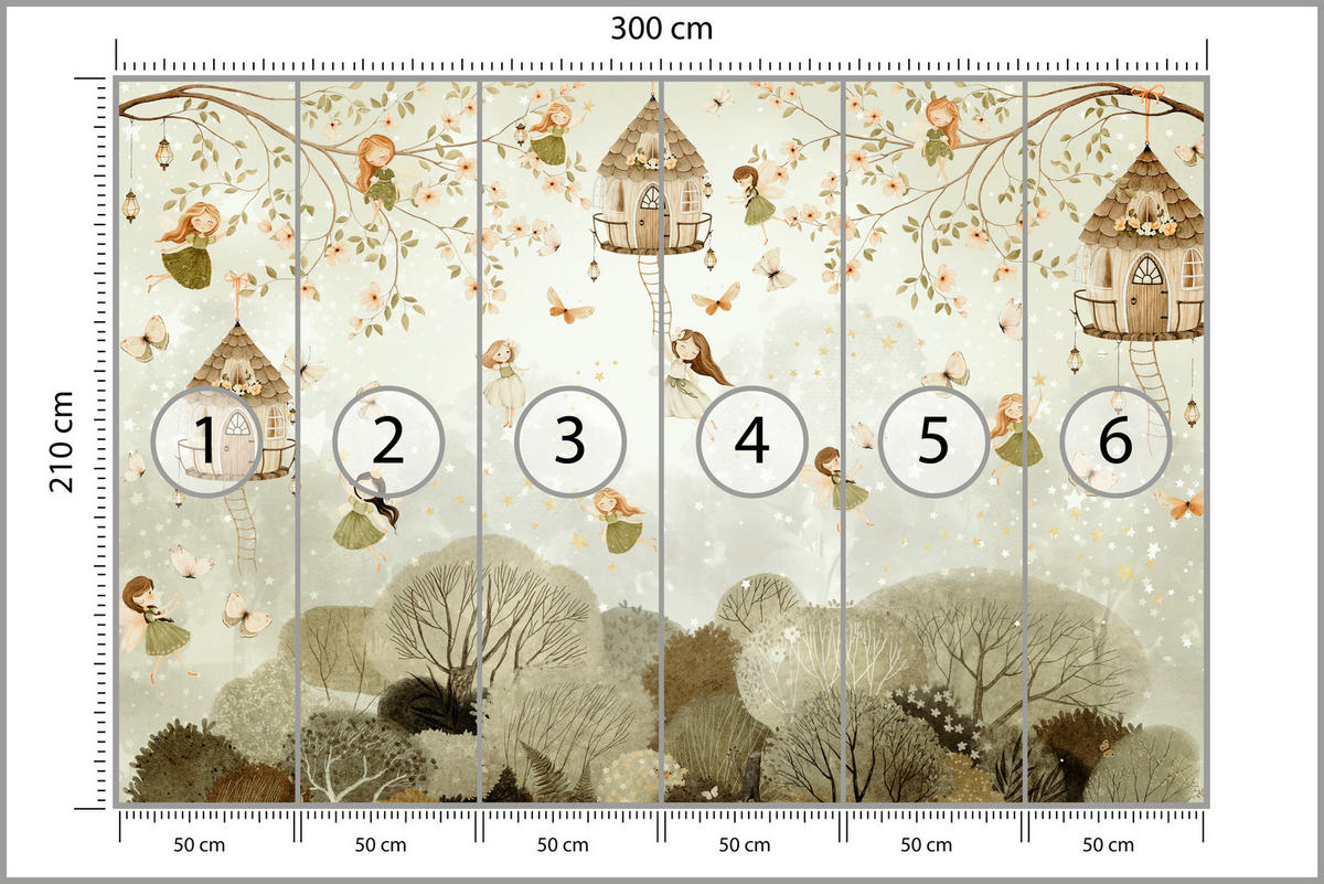 FOTOTAPETE für Kinderzimmer Waldfeen Blumen Sterne Schmetterlinge Baum 300x210 - Beige/Orange, Papier (300/210cm) - Muralo