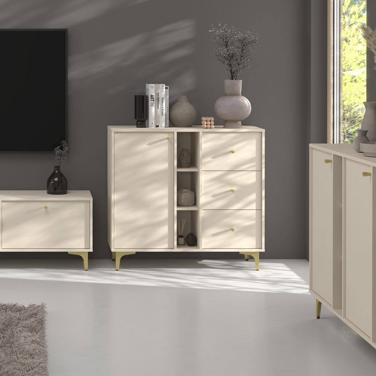 KOMMODE TORINO 100/94/41 cm mit 3 Schubladen 1 Türen Beige - Beige, Holzwerkstoff (100/94/41cm) - MASSENO