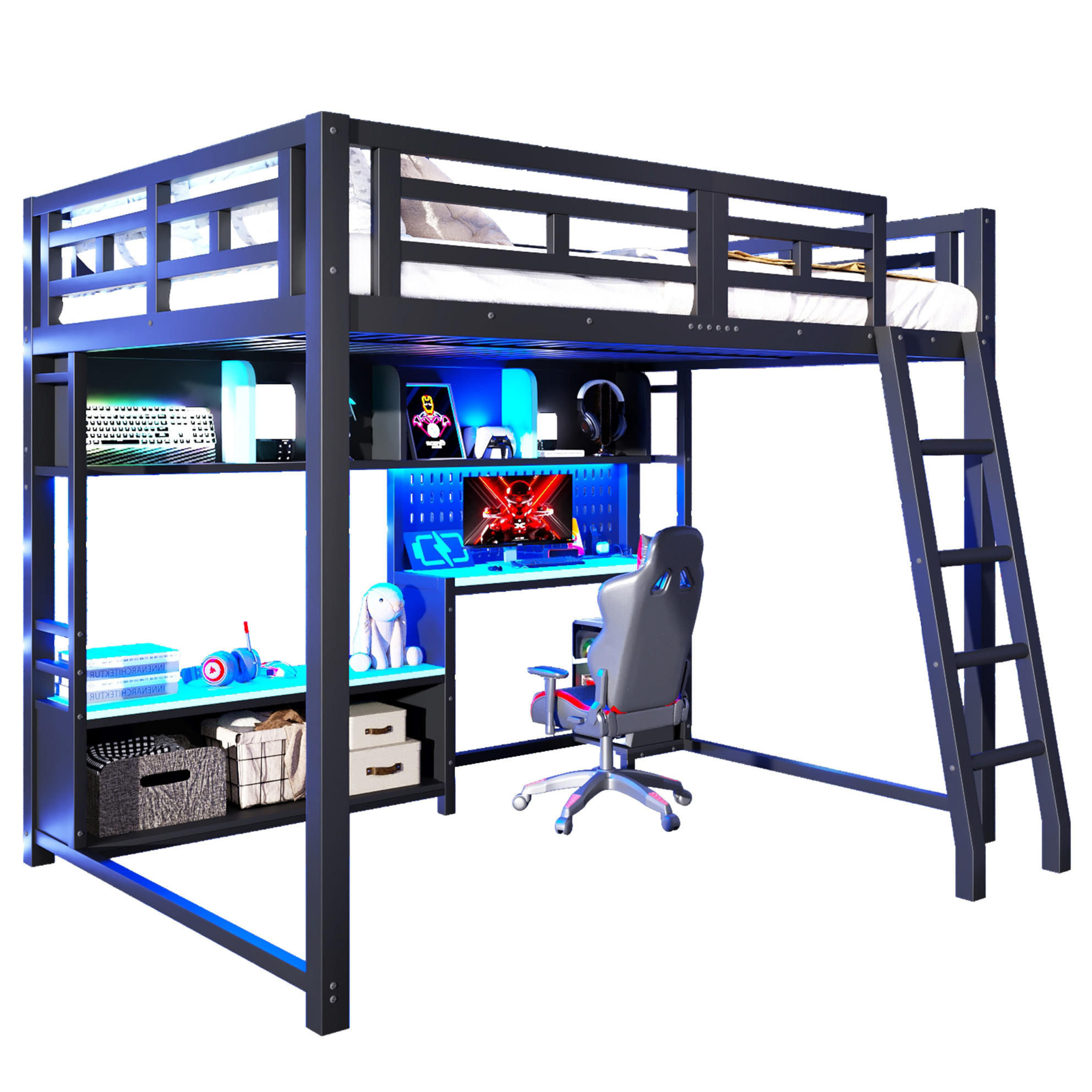 HOCHBETT aus MDF und Metall 140x200 cm Schwarz mit Schreibtisch, LED-Beleuchtung und Regalen im Gaming-Design - Schwarz, Holzwerkstoff (140/200cm) - Modfu
