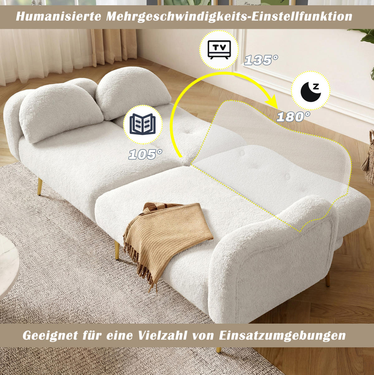 SOFABETT Zweisitzer Wollmischgewebe mit 3-fach verstellbarer Rückenlehne Weiß 175/79/82 cm - Weiß, Textil (79/82/175cm) - Redom