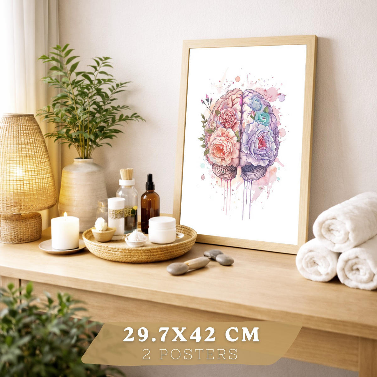 POSTER Set aus 2 Anatomie Mensch Drucke und mit Lungen Luftröhre Bronchien und Gehirn Pastellfarbenes Florales Aquarell Größe Leichter Holzrahmen A3 - Beige, Papier (29.7/42/3cm) - Nacnic