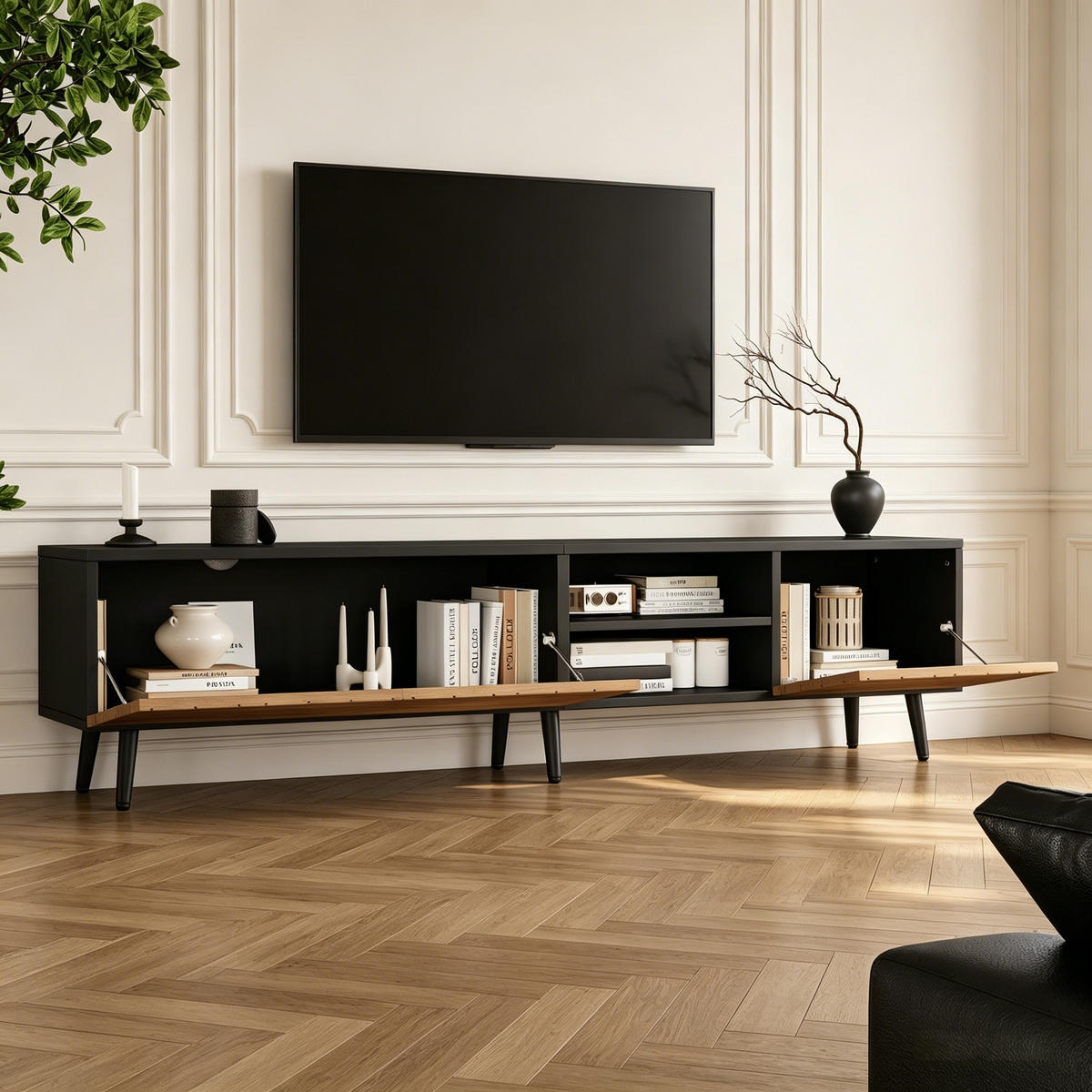 TV-RACK 180/33.5/45 cm Schwarz mit geräuschlosen Scharnieren - Schwarz, Holz (180/45/33.5cm) - Oxeza