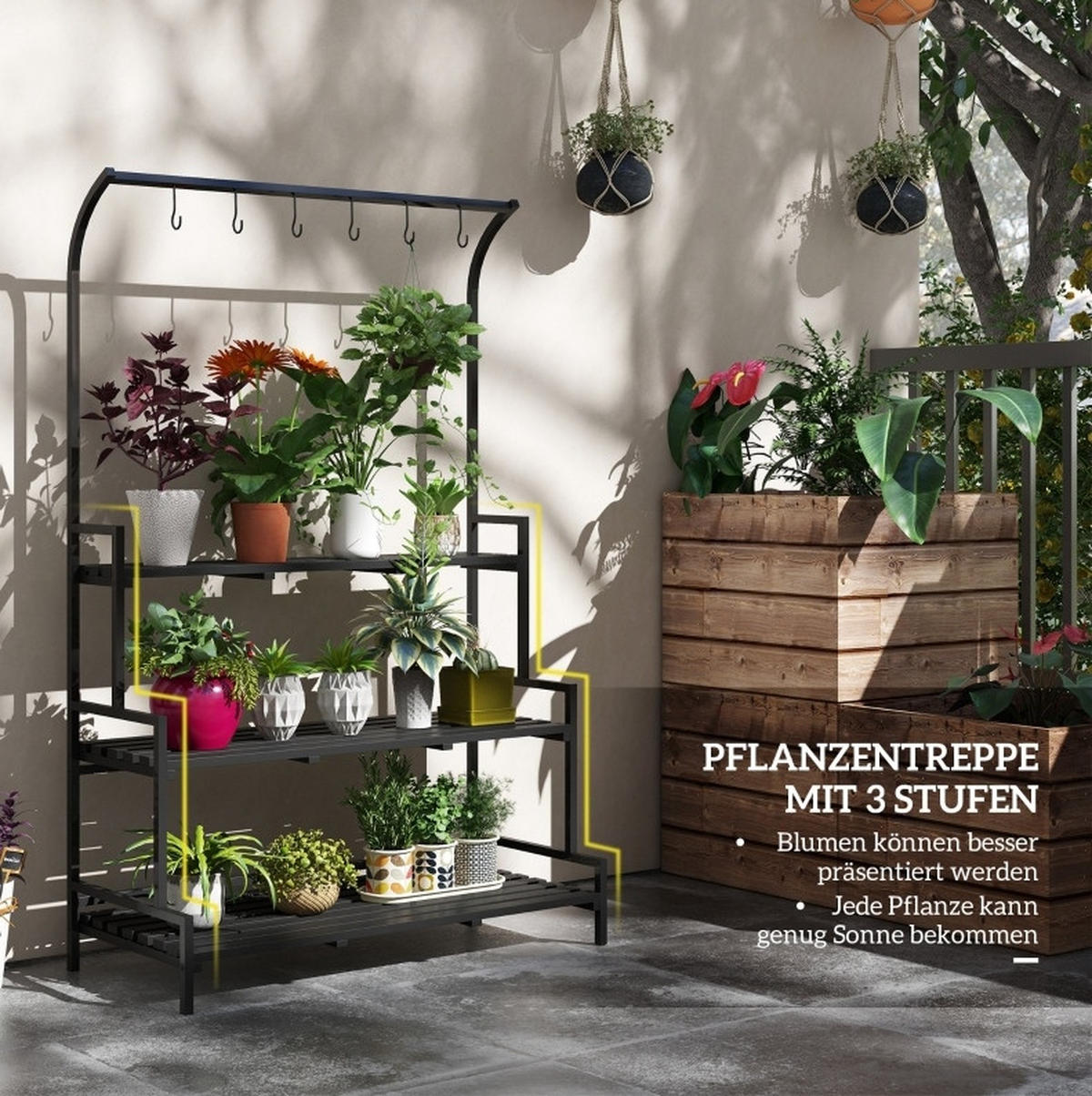 GARTENREGAL aus Metall 110x50x170 cm Schwarz mit 3 Ebenen & 6 Haken - Schwarz, Metall (50/170/110cm) - Modfu