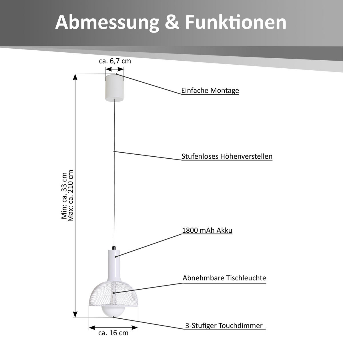 LED-AKKU-PENDELLEUCHTE - Höhenverstellbar mit abnehmbarer Leuchteinheit und Touch-Dimmer in Weiß - Weiß, Metall (16/16/150cm) - Northpoint