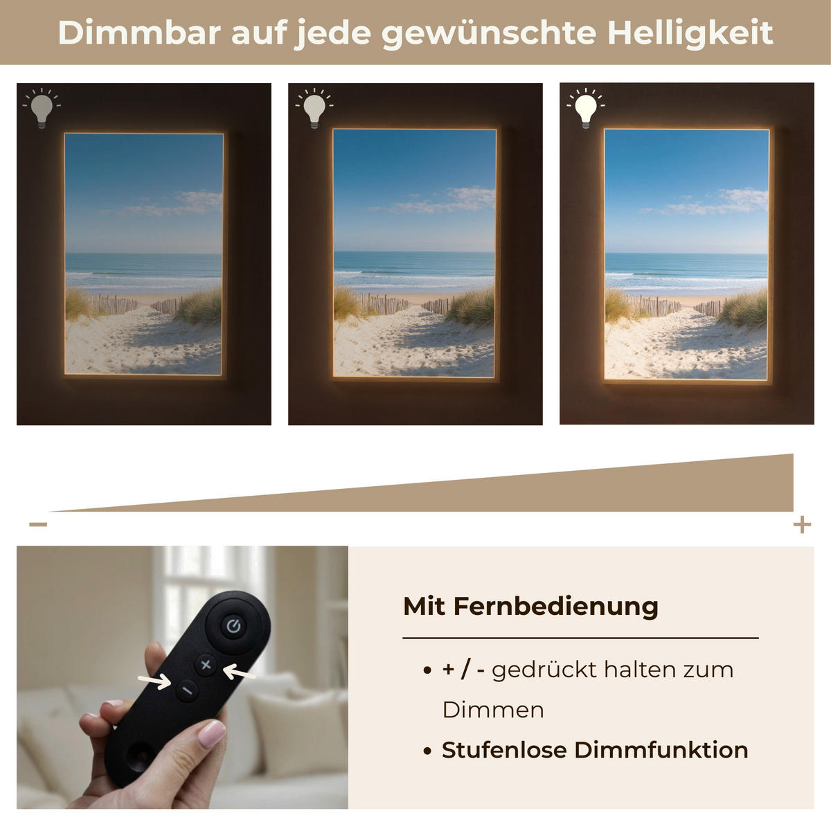 NÁSTĚNNÁ LAMPA S AKUMULÁTOREM Pláž - moře - duny - písek - léto 60x90 cm - písková barva, kompozitní dřevo (60/90/8cm) - OnlyWow