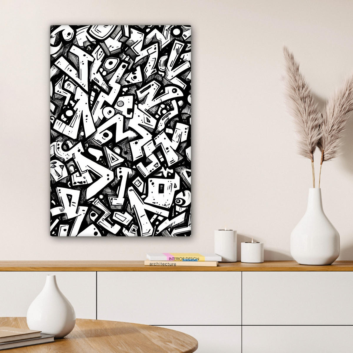 LEINWANDBILD Formen - Buchstaben - Graffiti - Schwarz Wanddeko Schlafzimmer 60x90 cm - Schwarz, Textil (60/90cm) - MuchoWow