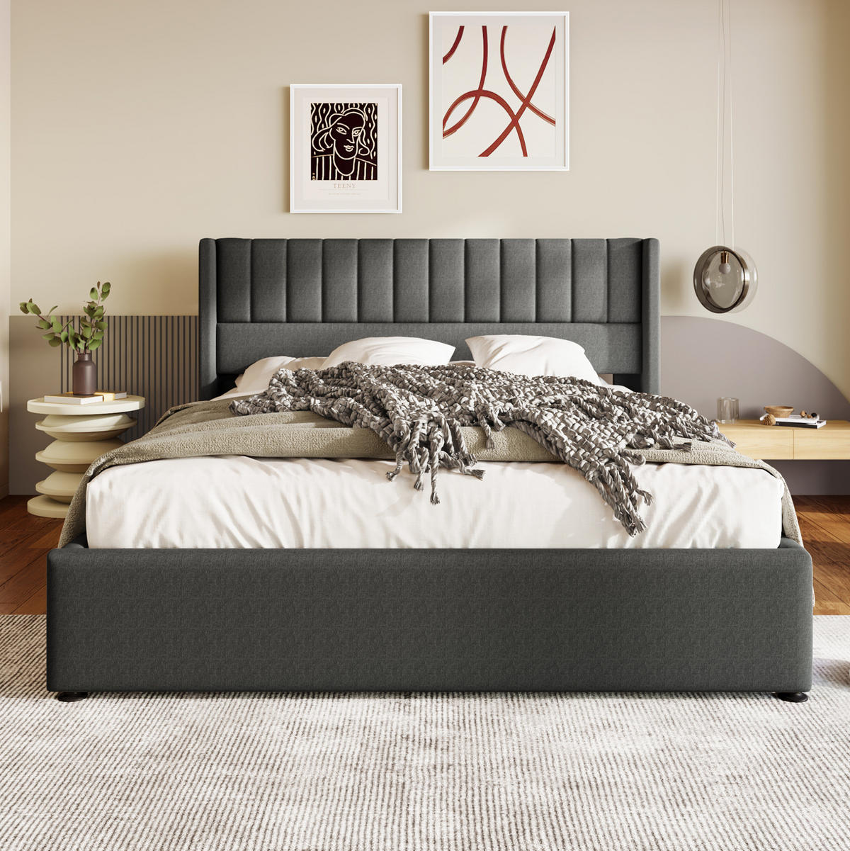 BETT mit Bettkasten 160x200 cm Leinen Grau - Grau, Metall (160/200cm) - Meubliv