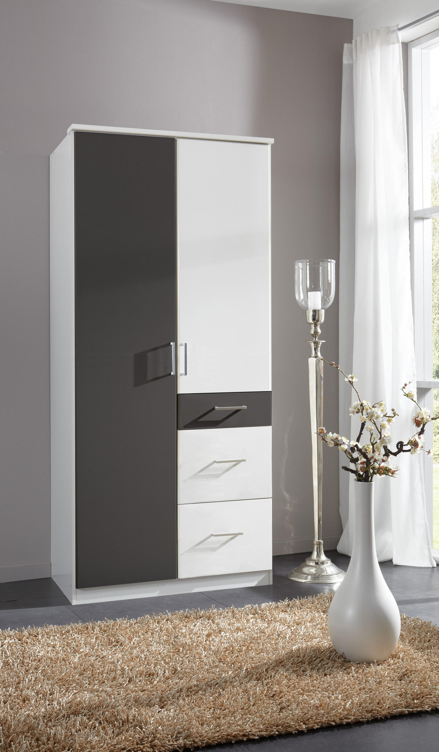 DREHTÜRENSCHRANK Click in Weiß mit Grafit - 91 cm Breite - Weiß, Holzwerkstoff (91/199/58cm)