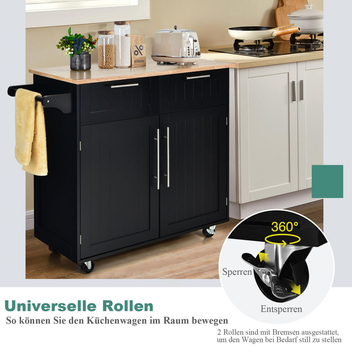KÜCHENWAGEN servierwagen mit rollen Schwarz - Schwarz, Holz (46/95/94cm) - COSTWAY