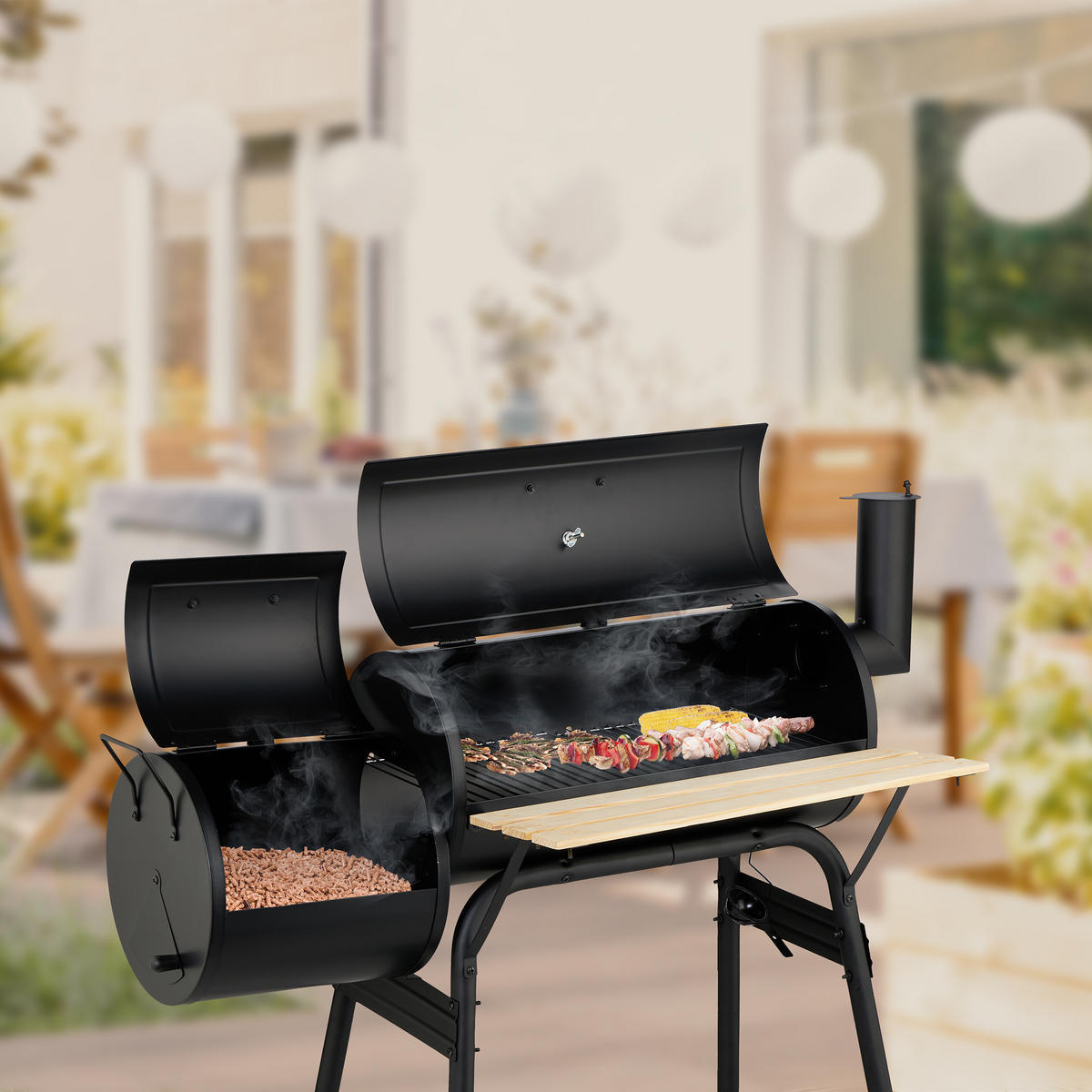 SMOKER-GRILL - Schwarz, Holz/Kunststoff (114/106/67cm) - Relaxdays