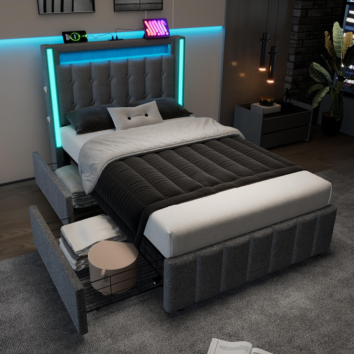 POLSTERBETT 90/200 cm mit LED-Beleuchtung, USB-C und 2 Schubladen in Grau - Grau, Textil (90/200cm) - BEAOK