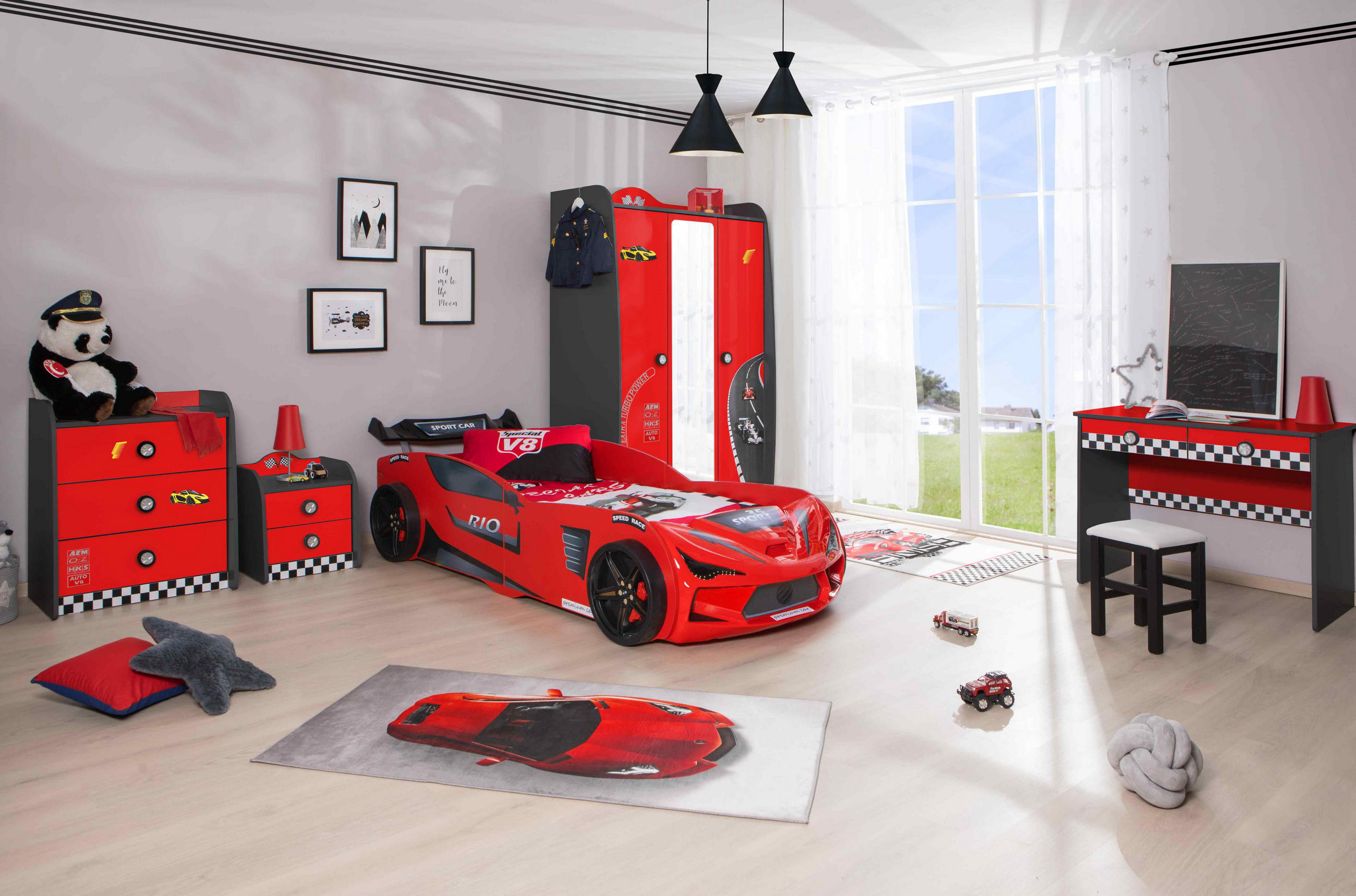 KINDERZIMMER Rio Komplett Set mit Autobett 5-tlg. Rot - Rot/Schwarz, Holzwerkstoff/Kunststoff (128/200/64cm) - Aileenstore
