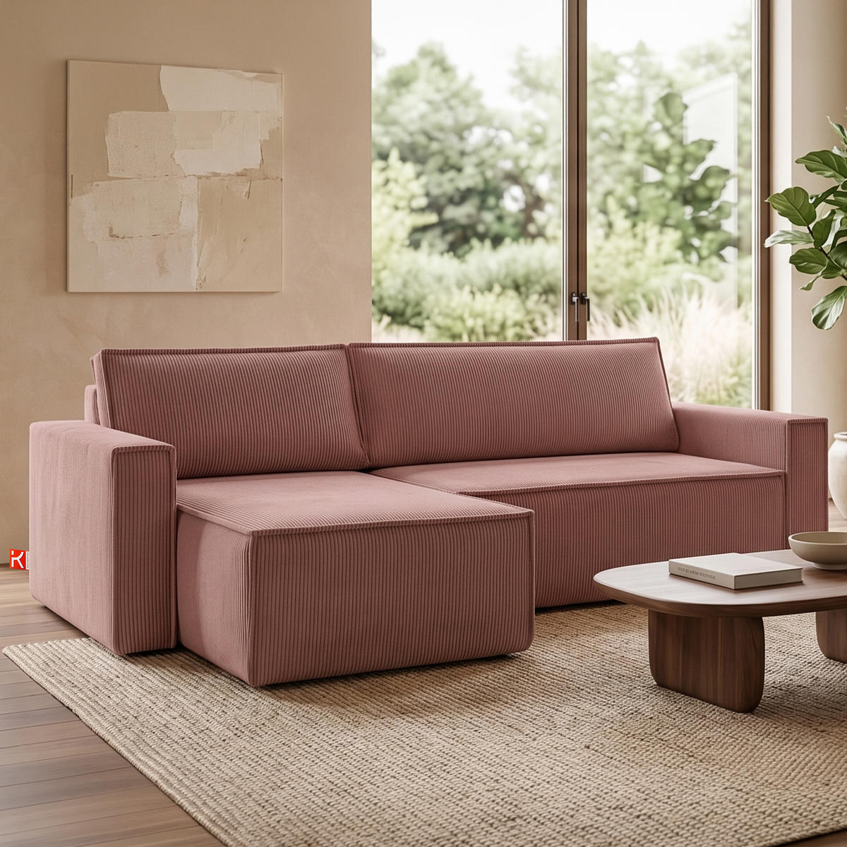 ECKSOFA-LINKS/RECHTS NAPI Schlaffunktion mit Cordbezug, Rosa - Pink/Schwarz, Textil (246/148cm) - KONSIMO®