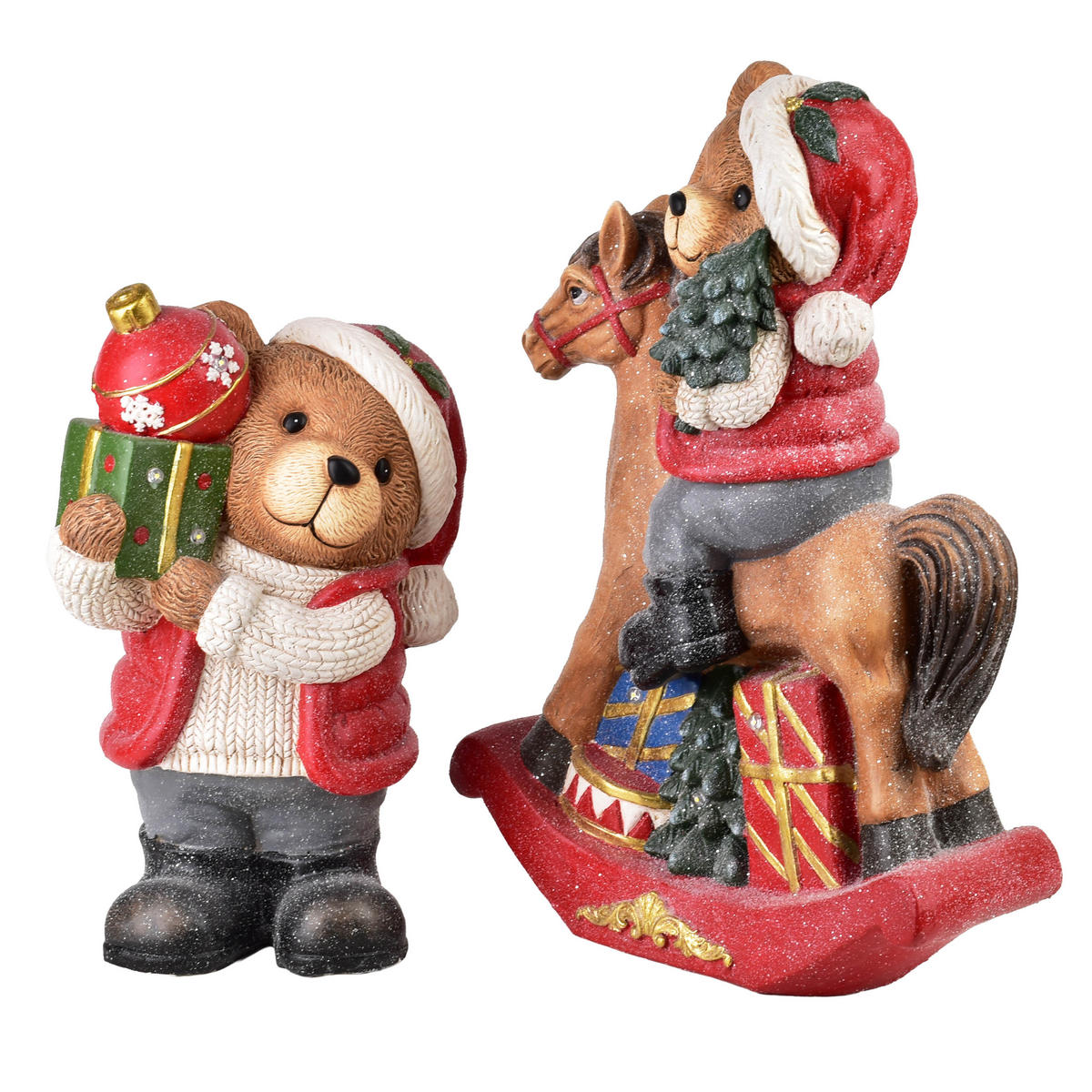 WEIHNACHTSFIGUR Santa Lila LED Teddybär auf Schaukelpferd - Rot, Keramik (21/56/40cm) - Mondex