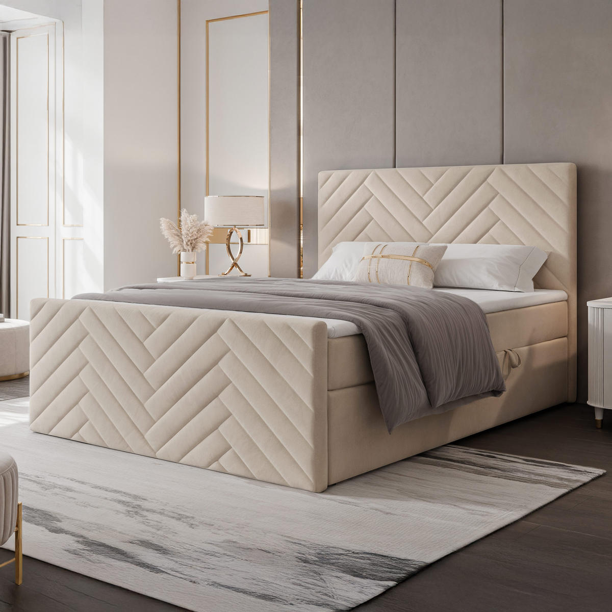 BOXBETT NEREA PLUS 160/200 cm mit Matratze und Topper, Hellbeige - Sandfarben, Holzwerkstoff/Textil (160/200cm) - Idohome