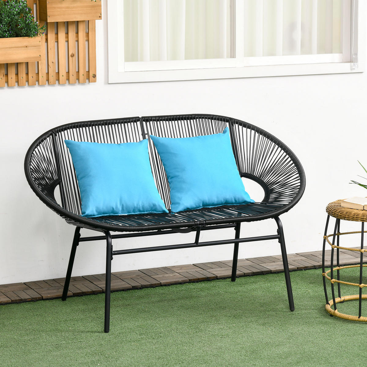 GARTENBANK DE-13592 2-Sitzer mit Seilgeflecht und 2 Kissen Schwarz - Schwarz, Metall (132/83/72cm) - ComfortXL