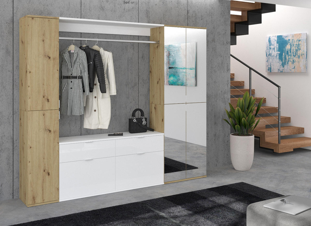 GARDEROBEN-SET Eiche, weiß Hochglanz 212 cm, Komplettset mit Spiegel - Chromfarben/Weiß Hochglanz, Glas/Holzwerkstoff (212/193/34cm) - Inn.Furn