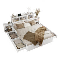 HOLZBETT 140/200 cm mit 4 Schubladen, ausziehbarem Nachttisch und Ladefunktion aus MDF, Weiß - Weiß, Holzwerkstoff (140/200cm) - Redom