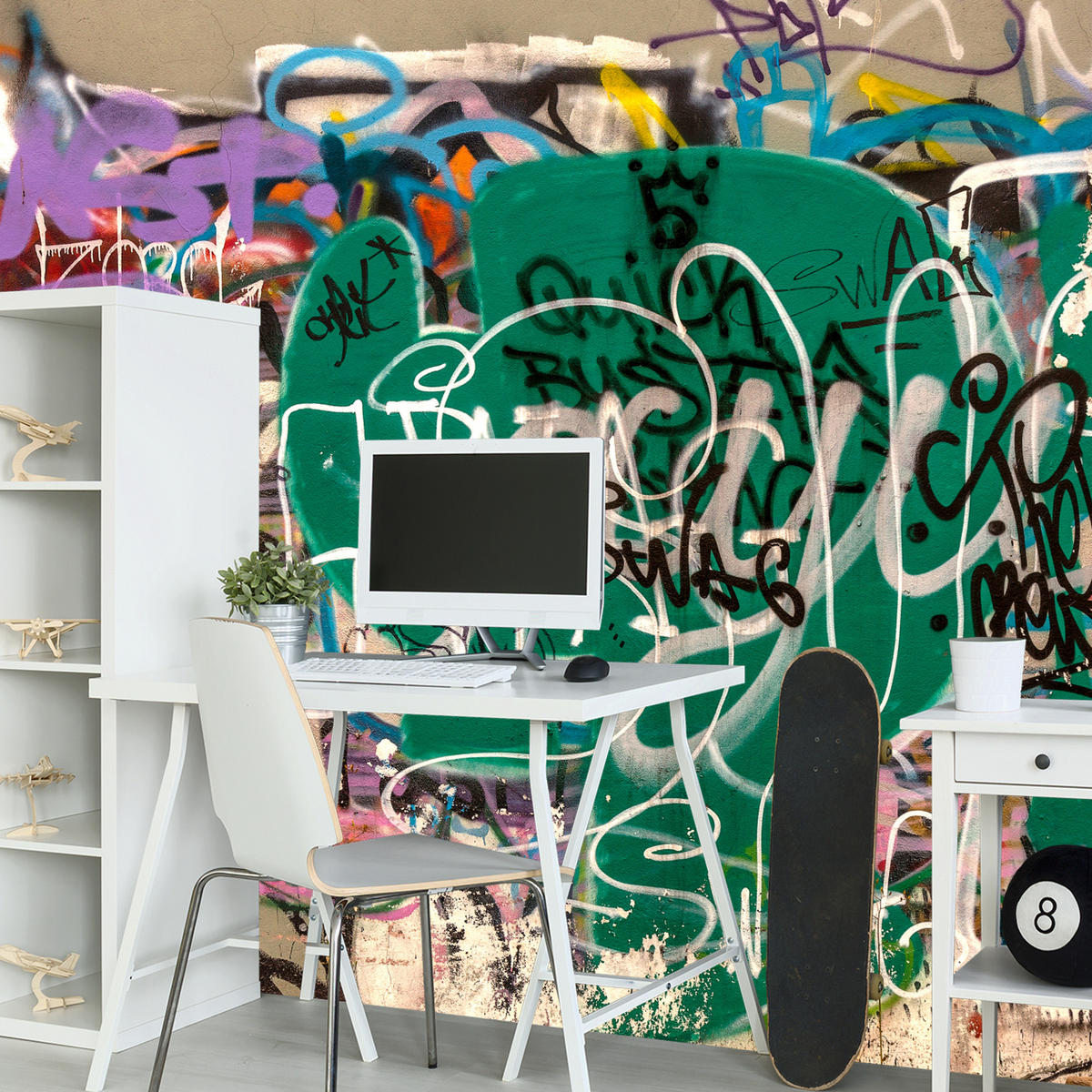 FOTOTAPETE für Jugendzimmer Straßenkunst Buntes Graffiti Urban 200x140 - Beige/Violett, Papier (200/140cm) - Muralo