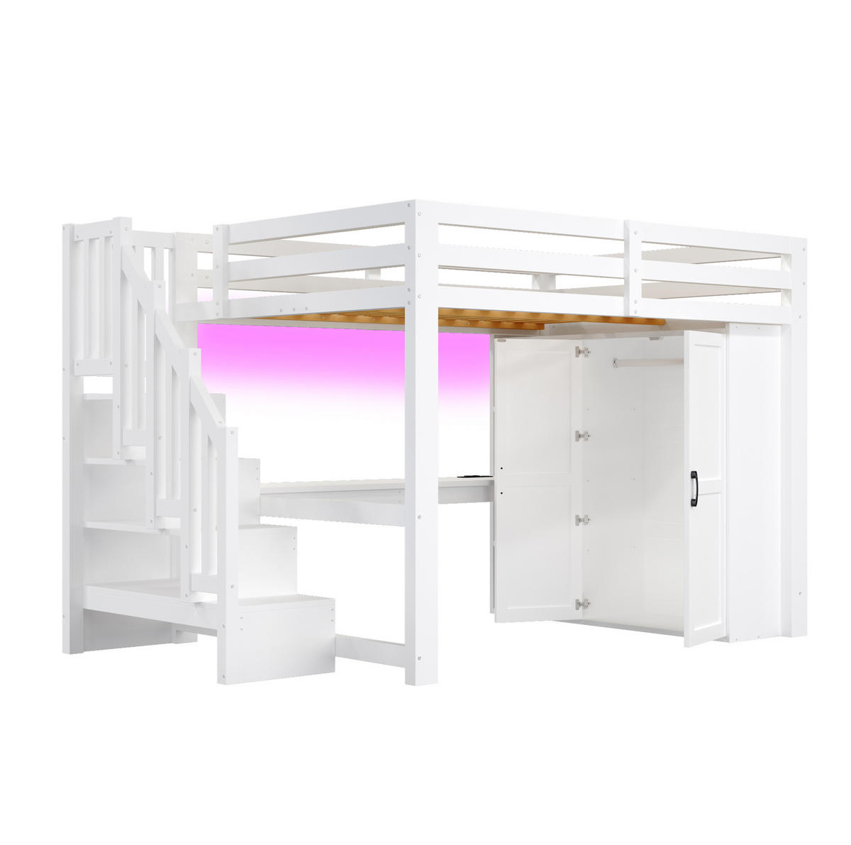HOCHBETT 140/200 cm Weiß mit Schreibtisch, Kleiderschrank und LED - Weiß, Holz (140/200cm) - MIVRAY