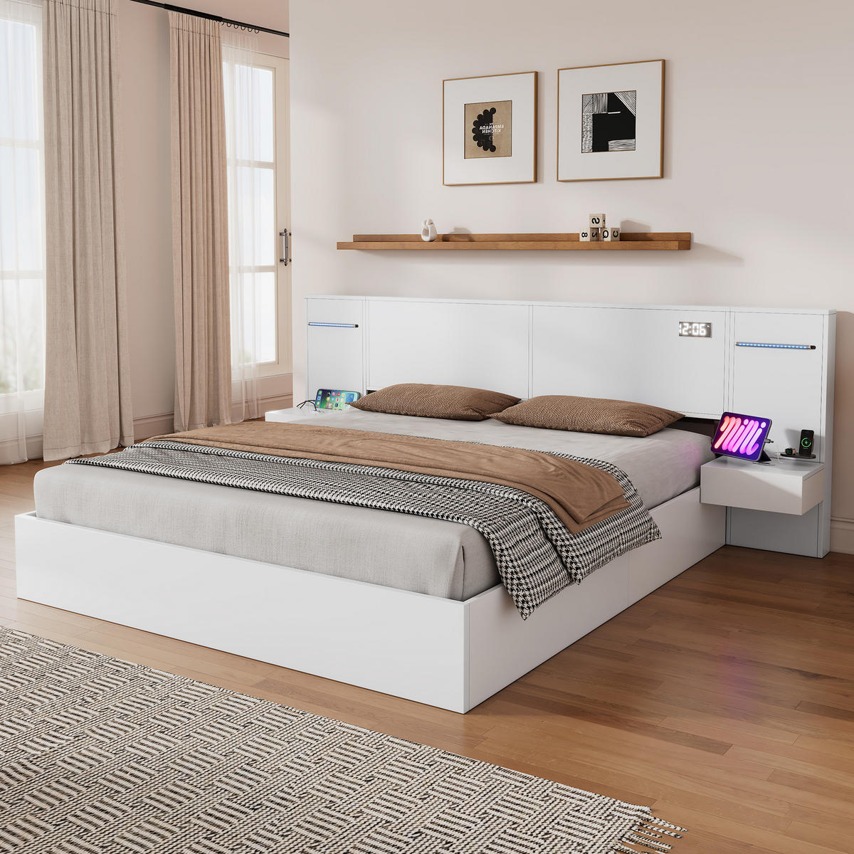 ČALÚNENÁ posteľ 180/200 cm MDF biela, s LED osvetlením, Bluetooth a USB - biela, kompozitné drevo (180/200cm) - BEAOK